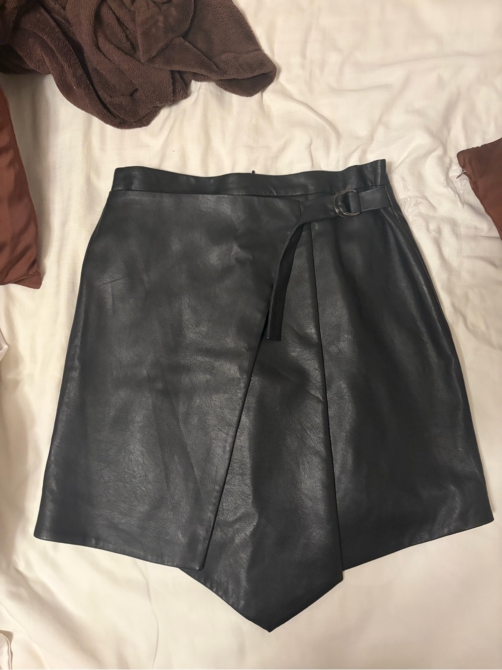BCBG Maxaria Black Faux Leather Asymmetric Wrap Skirt